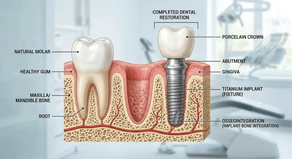 Cross-section diagram showing a medical-grade titanium dental implant integrated into the jawbone (osseointegration) with a porcelain crown fitted on top at Middlewich Street Dental Practice.
