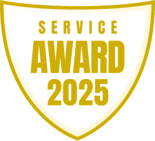 Shield 2025 - 225px - Middlewich Street Dental Practice Shield-shaped gold badge with a double border, reading'SERVICE AWARD 2025' in bold letters.