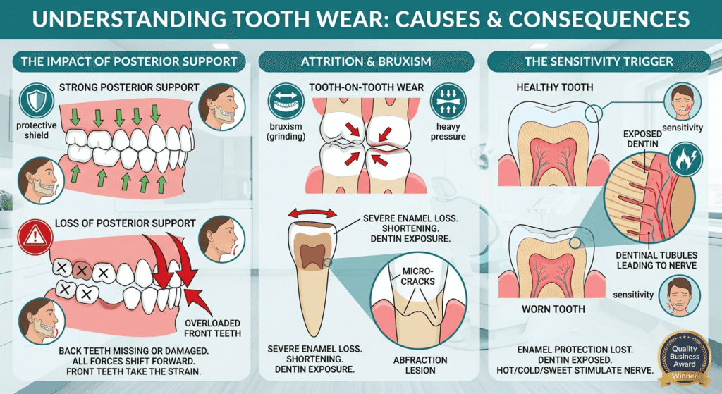 Balanced Bite vs. Collapsed Bite: The Impact of Posterior Support - Middlewich Street Dental Practice Three-panel infographic about tooth wear: posterior support, tooth-on-tooth wear from grinding, and dentin sensitivity triggers.