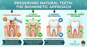 Preserving Natural Teeth - The Biomimetic Dentistry Approach - Middlewich Street Dental Practice Four-step diagram illustrating biomimetic dentistry: decay removal, dentin strengthening, bonded restoration placement, and natural tooth retention.