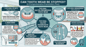 Can Tooth Wear Be Stopped? The 6-Step Prevention Plan Illustrated - Middlewich Street Dental Practice A comprehensive medical infographic titled "Can Tooth Wear Be Stopped?". It illustrates a 6-step preventive dental strategy: custom occlusal night splints, bite balancing management, dietary acid control, gentle electric brushing, composite adhesive bonding, and 3D intraoral scanner monitoring.