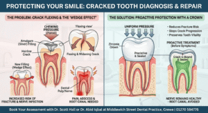 A dental medical diagram titled'Protecting Your Smile: Cracked Tooth Diagnosis & Repair'. The left panel shows how chewing pressure flexing a cracked tooth with a large filling causes a wedge effect leading to nerve infection. The right panel demonstrates how a Zirconia crown binds and seals the tooth, distributing forces evenly to preserve nerve health and avoid a root canal.