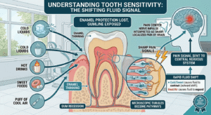 A detailed dental diagram explaining the hydrodynamic theory of tooth sensitivity. It shows external triggers (cold drinks, hot foods, sweets, air) shifting fluid inside exposed dentinal tubules, firing nerve endings and sending pain signals to the brain.