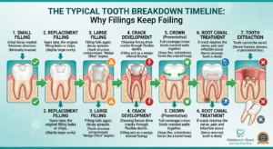 The Typical Tooth Breakdown Timeline - Why Fillings Keep Failing - Middlewich Street Dental Practice Step-by-step dental timeline showing how a small filling eventually leads to large fillings, tooth cracks, crown placement, root canal treatment, and extraction