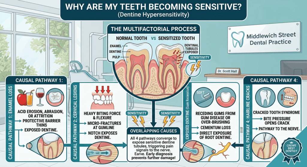 Why Are My Teeth Becoming Sensitive? The 4 Main Causes Illustrated - Middlewich Street Dental Practice A comprehensive medical infographic diagram illustrating the four main causes of tooth sensitivity: 1. Enamel Loss (from acid and wear), 2. Cervical Abfraction Lesions (gumline notches), 3. Exposed Dentine (from gum recession), and 4. Hairline Cracks. The image features magnified tooth cross-sections and clinical icons, maintaining the Middlewich Street Dental Practice style.
