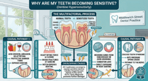 A comprehensive medical infographic diagram illustrating the four main causes of tooth sensitivity: 1. Enamel Loss (from acid and wear), 2. Cervical Abfraction Lesions (gumline notches), 3. Exposed Dentine (from gum recession), and 4. Hairline Cracks. The image features magnified tooth cross-sections and clinical icons, maintaining the Middlewich Street Dental Practice style.