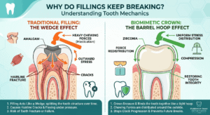 Why Do Fillings Keep Breaking - Tooth Mechanics Infographic - Middlewich Street Dental Practice Educational diagram showing why fillings break due to the wedge effect versus how a biomimetic Zirconia crown binds cracked teeth and redistributes chewing forces.